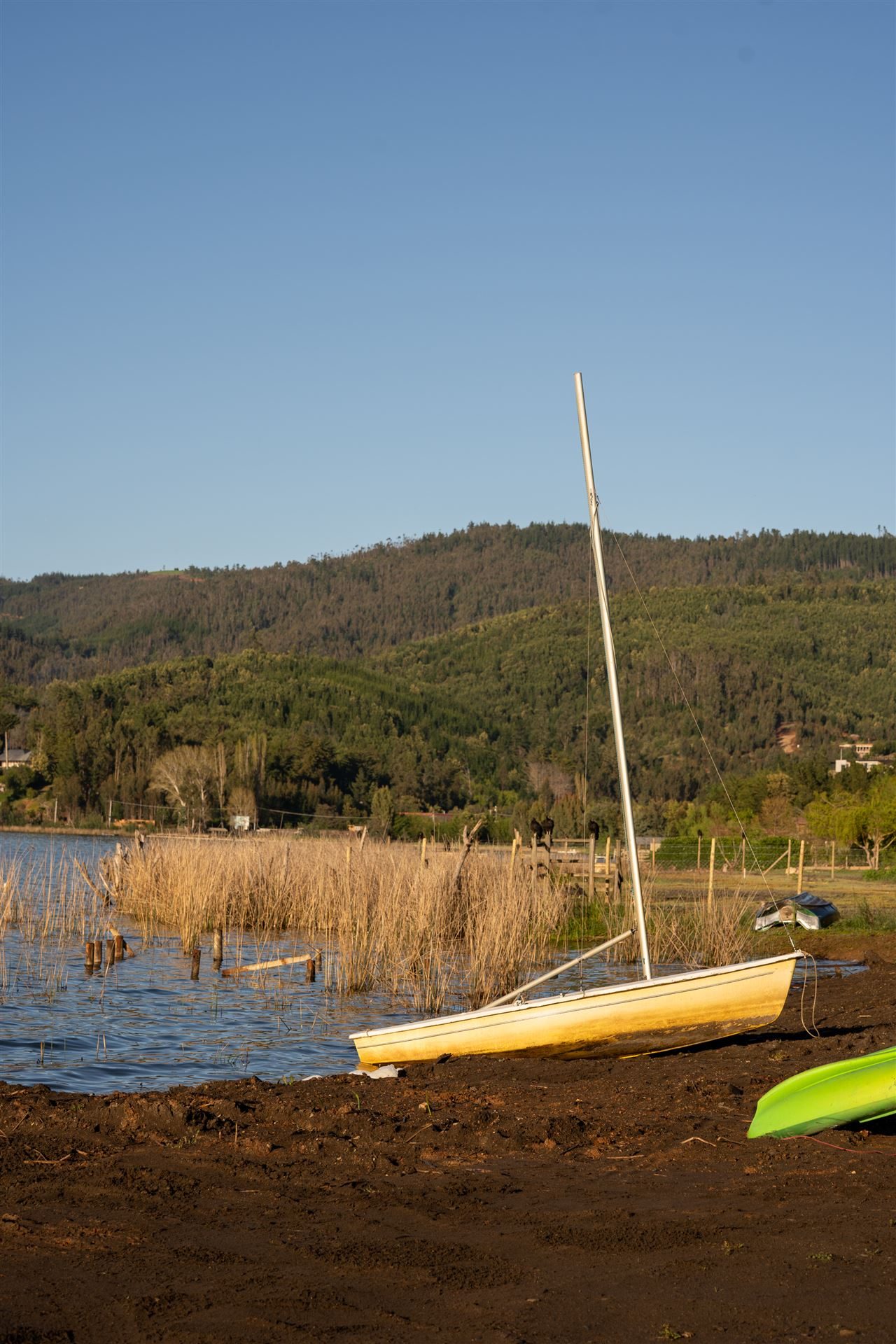 Embarcación menor varada en la orilla del lago